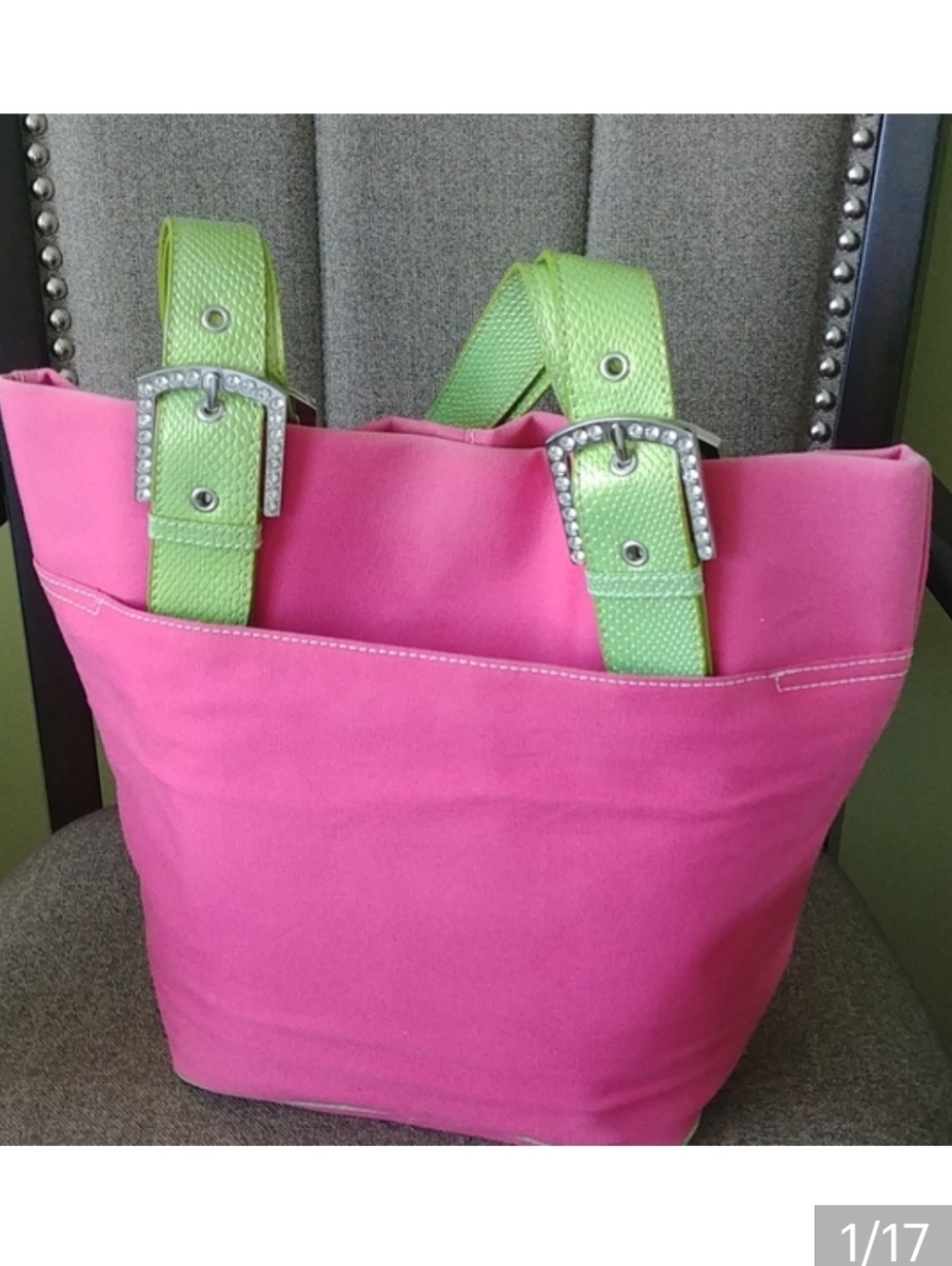 Nine West Hot Pink Canvas Tote with Lime Green Straps